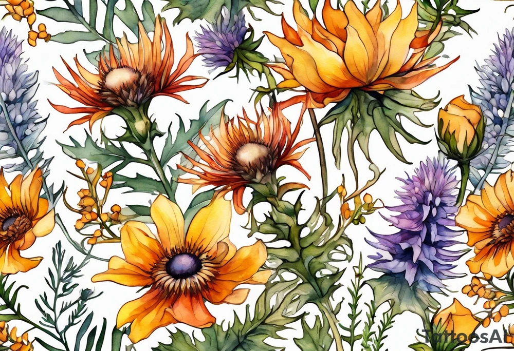 cascading mixed wildflowers with thistles, ferns, burnt orange white and yello flowers all in watercolor tattoo idea