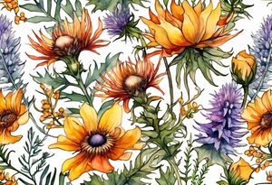 cascading mixed wildflowers with thistles, ferns, burnt orange white and yello flowers all in watercolor tattoo idea