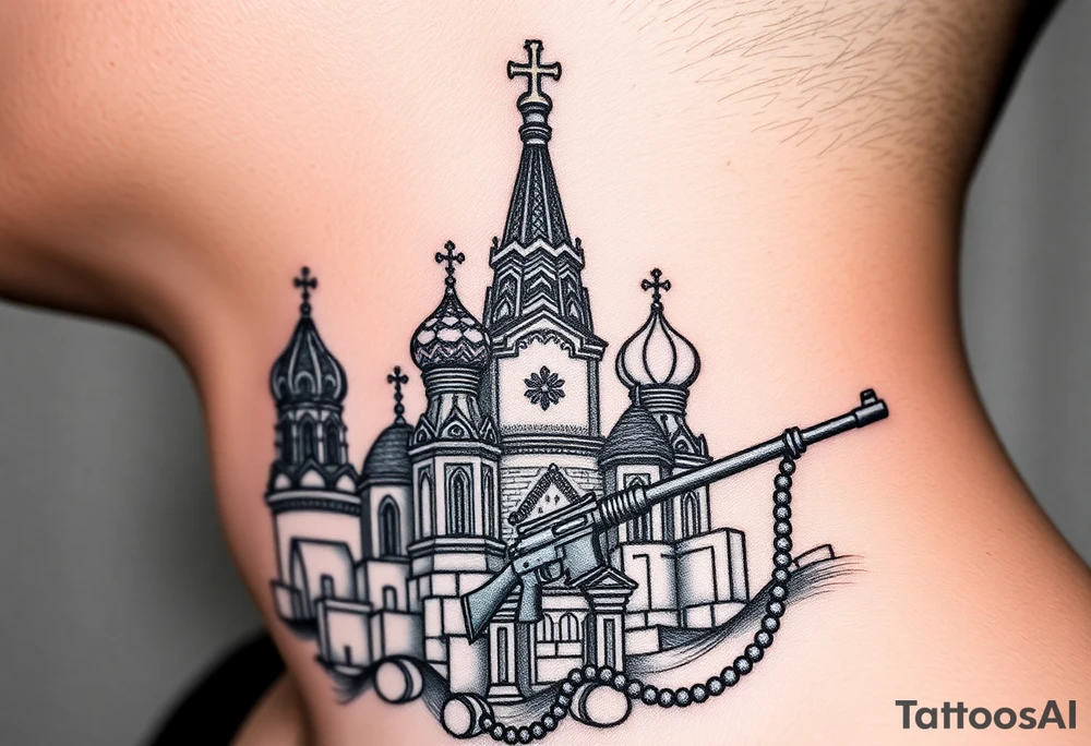 St. Basil's Cathedral scene with a christian orthodox in a ak47 style with a beaded orthodox thurible chain tattoo idea