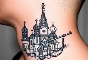 St. Basil's Cathedral scene with a christian orthodox in a ak47 style with a beaded orthodox thurible chain tattoo idea