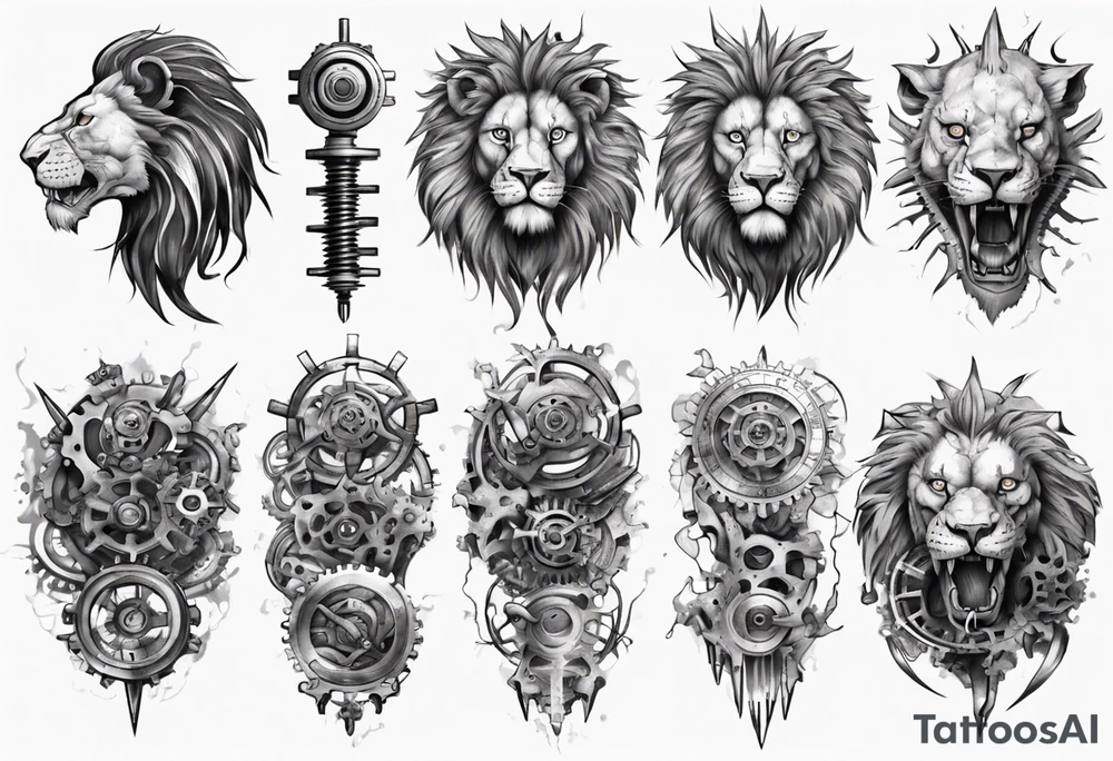 Biomechanical lion with gears inside tattoo idea