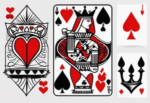 one combined tatto in minimalistic style with icon style three king of spades and icon style one queen of hearts. extreme minimalstic and few lines. much more minimalistic and fewer lines tattoo idea