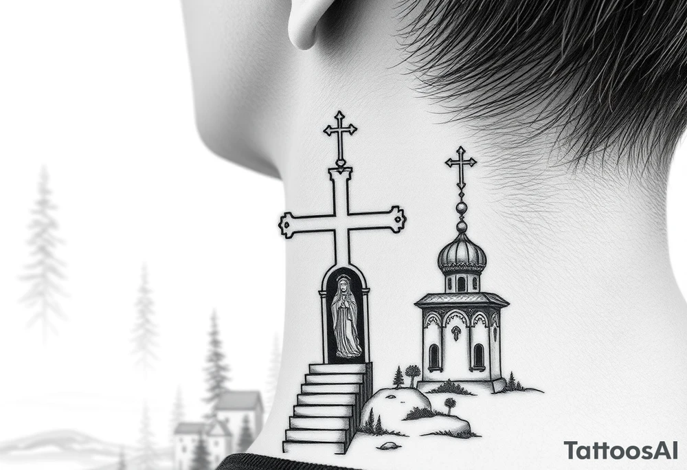 russian design  traditional christian orthodox cross with a virgin mary stood beside the entrance of a russian orthodox dome church on the side of the neck in a wilderness setting tattoo idea