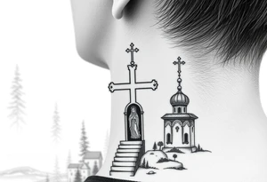 russian design  traditional christian orthodox cross with a virgin mary stood beside the entrance of a russian orthodox dome church on the side of the neck in a wilderness setting tattoo idea