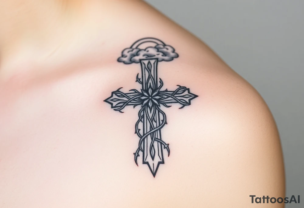 A very detailed and big cross that has thorn vines from a rose wrapping around it but with no flower just the thorns vines and then a halo above the cross with clouds around it tattoo idea