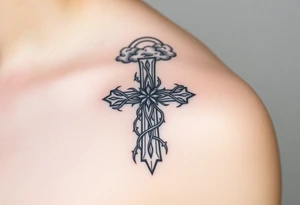 A very detailed and big cross that has thorn vines from a rose wrapping around it but with no flower just the thorns vines and then a halo above the cross with clouds around it tattoo idea