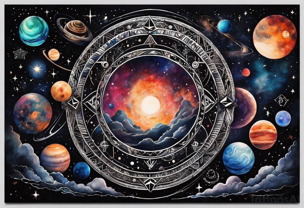 A tattoo featuring a cosmic scene with planets, black holes, and supernovae intertwined with intricate linguistic symbols, reflecting the client's interests in cosmology and linguistics. tattoo idea
