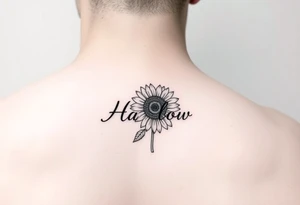 Small minimalist line art inspired by daughter name Harlow and sunflower. 3x3 tattoo idea