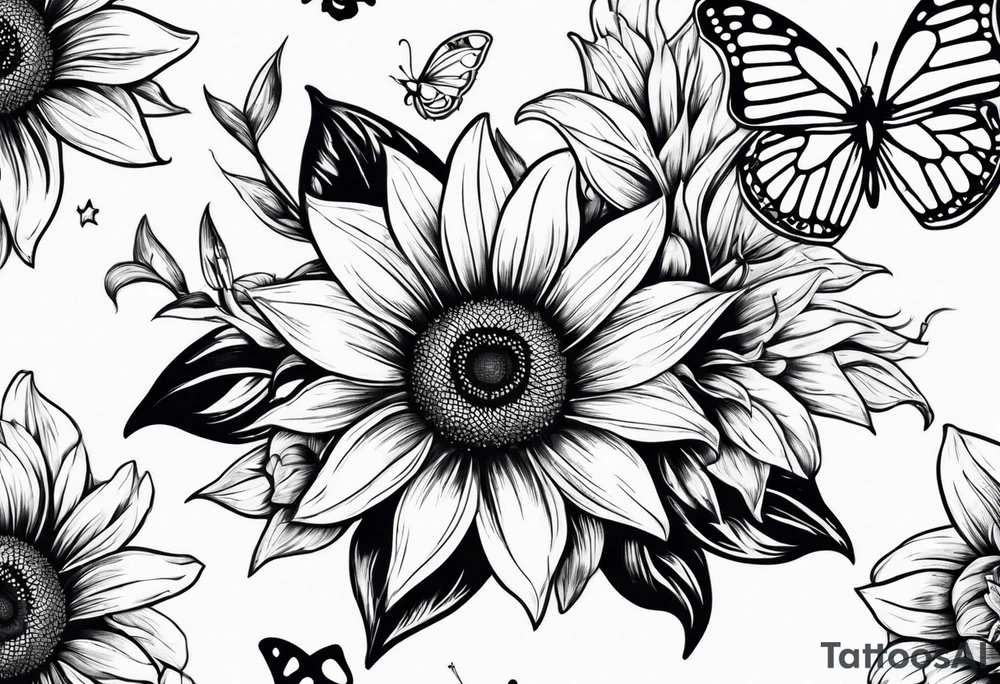Sunflower and lily with butterflies tattoo idea