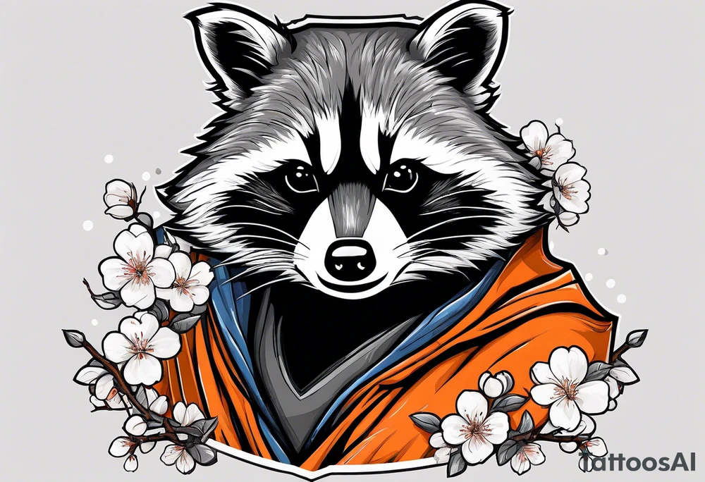 Raccoon wearing a white Superman logo on a black hoodie and orange Japanese cherry blossoms tattoo idea