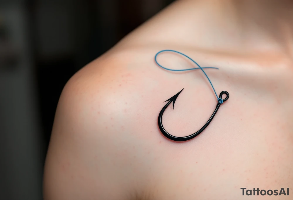 Hook and Line – A realistic black hook attached to a fine light blue fishing line, swirling elegantly around the arm. The line’s delicate curves contrast with the bold, solid hook. tattoo idea
