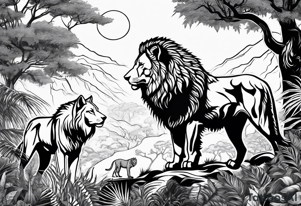 wolf pack and lion pack in the jungle far away walking towards a tree tattoo idea