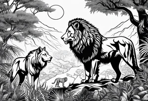 wolf pack and lion pack in the jungle far away walking towards a tree tattoo idea