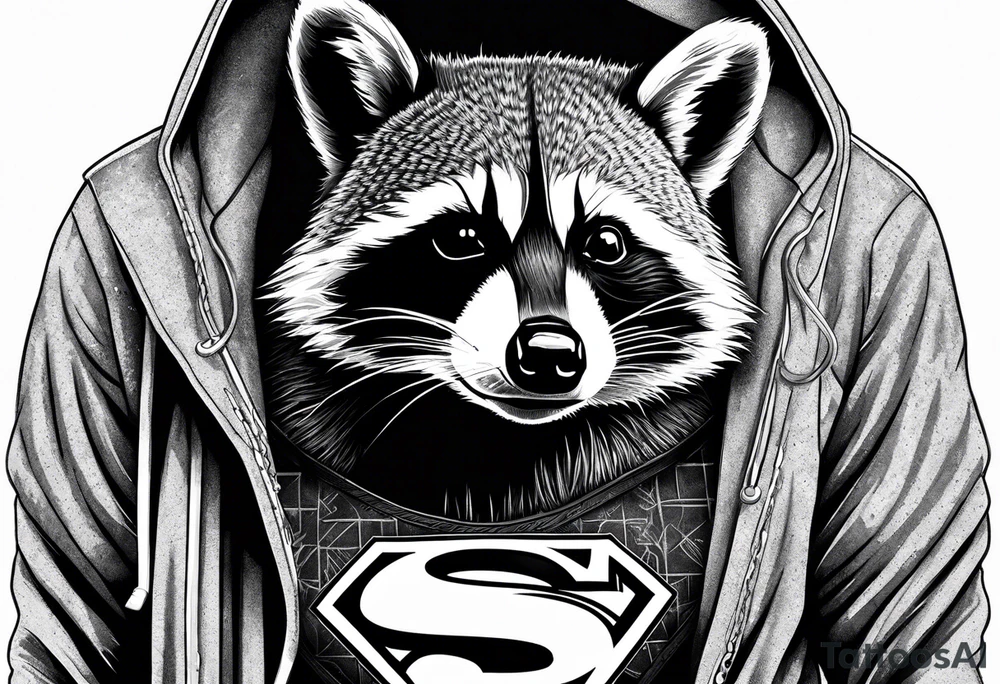 raccoon wearing a Superman hoodie with classic Superman logo tattoo idea