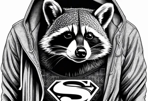 raccoon wearing a Superman hoodie with classic Superman logo tattoo idea