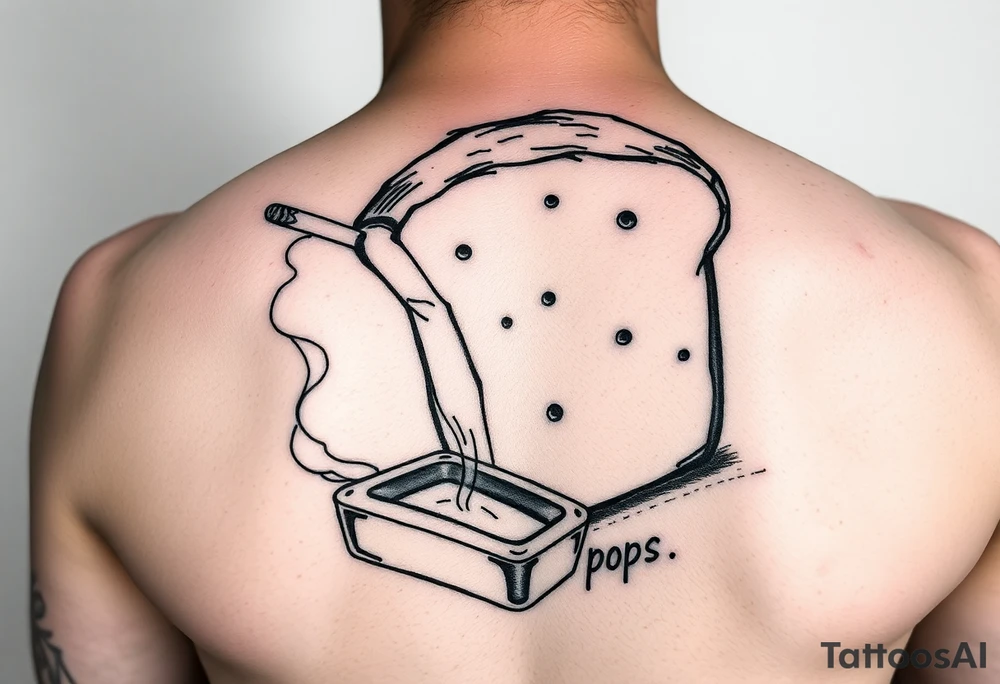 A loaf of bread smoking a cigarette with a ashtray  and pops written tattoo idea