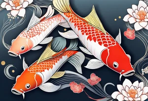 koi fish with a little narrow body, elongated fins, trimmed with pearls, ginko leaves around, minimal color, sketch technic, gradient lines theme tattoo idea