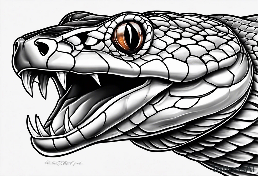 Copperhead with just the head turned up and mouth open and black and white with copper colored eyes tattoo idea