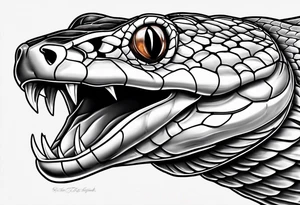Copperhead with just the head turned up and mouth open and black and white with copper colored eyes tattoo idea
