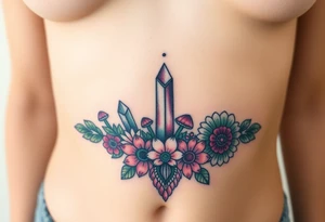 Boho  tattoo with crystals and  mandala style flowers and mushrooms under breast tattoo idea