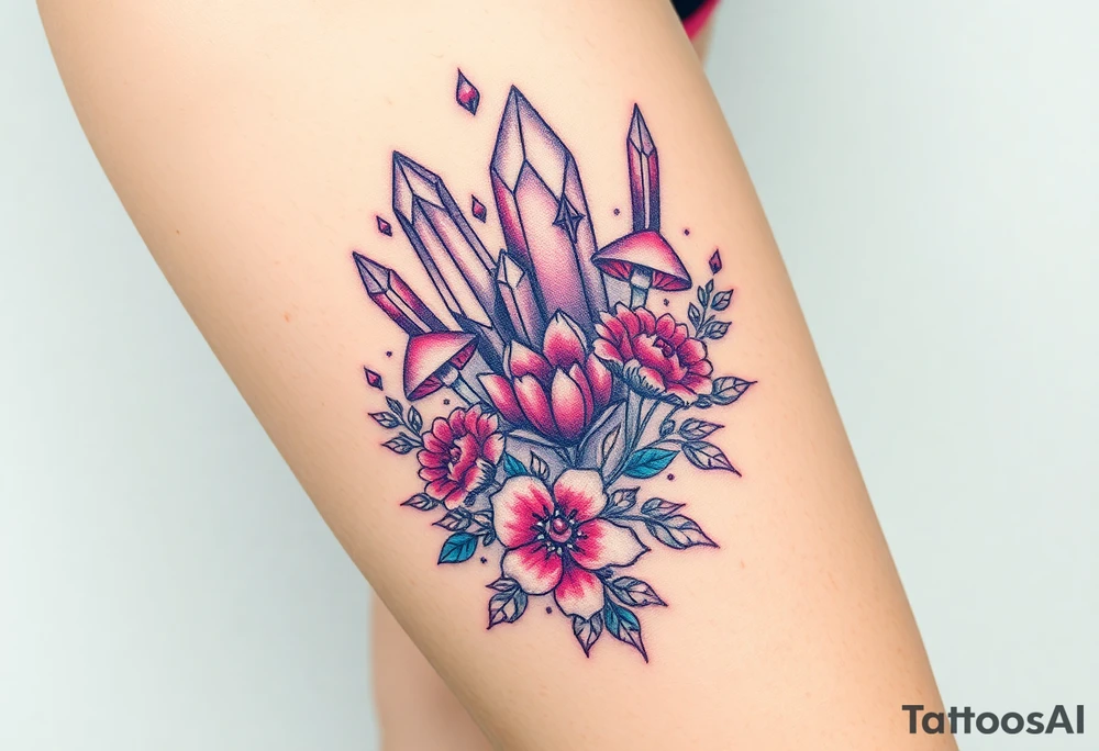 psychedelic  tattoo with crystals and  flowers and mushrooms tattoo idea