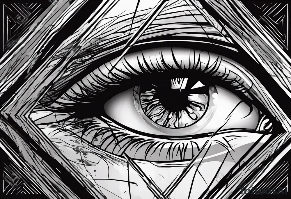 A realistic human eye crying tears of blood with a reflection of two black shadows or people holding guns at two wounded people on the floor tattoo idea