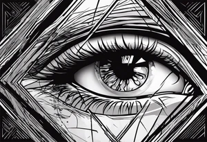 A realistic human eye crying tears of blood with a reflection of two black shadows or people holding guns at two wounded people on the floor tattoo idea
