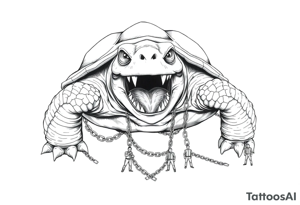 I giant angry turtle with big teeth  chains around its legs with tiny men holding on to the chains scared tattoo idea