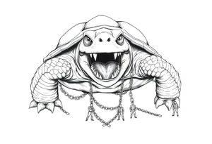 I giant angry turtle with big teeth  chains around its legs with tiny men holding on to the chains scared tattoo idea