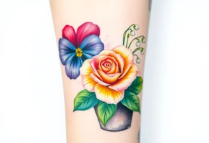 African violet, Daisy, Lily of the valley, Rose in a flower pot. Light color shading tattoo idea