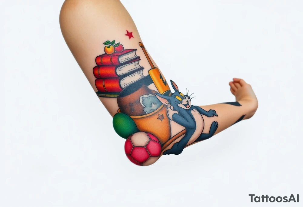 Childhood memories of a small pile of books, a bucket and spade, a football, a cricket bat, a cartoon of Tom from Tom and Jerry tattoo idea