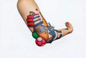 Childhood memories of a small pile of books, a bucket and spade, a football, a cricket bat, a cartoon of Tom from Tom and Jerry tattoo idea