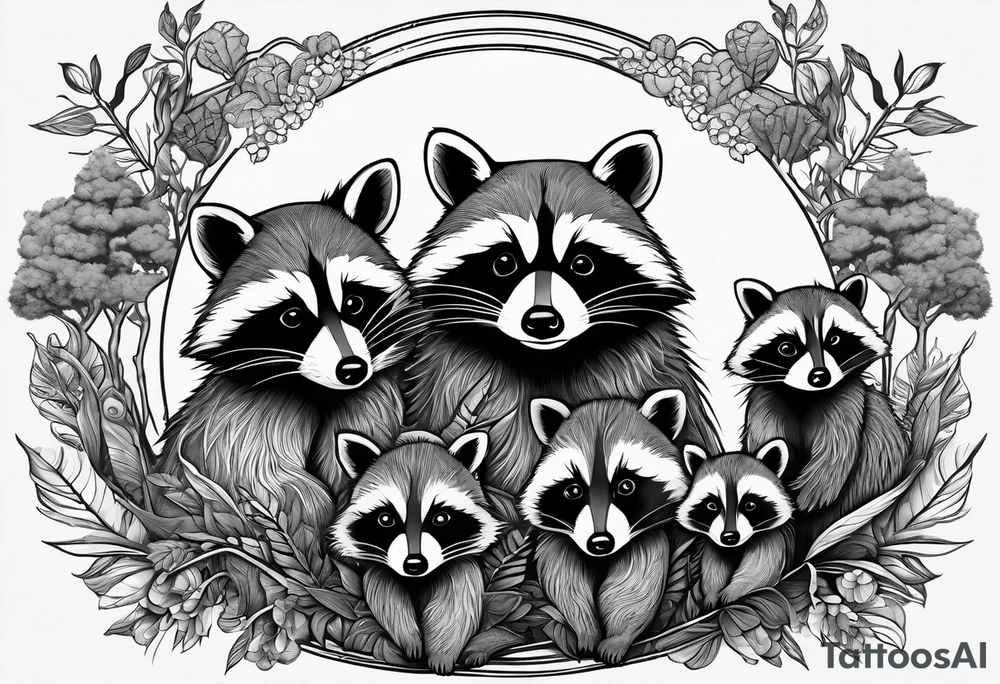 Very detailed Raccoon Husband with wife and 3 sons.
Background modern House between woods tattoo idea