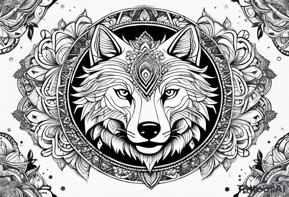 Mandala theme design with joker cards and wolves for forearms tattoo idea