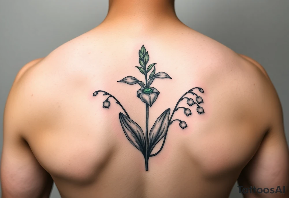 Upper arm tattoo. Peridot green Gladiola in the middle of two lily of the valley each with nine blossoms tattoo idea