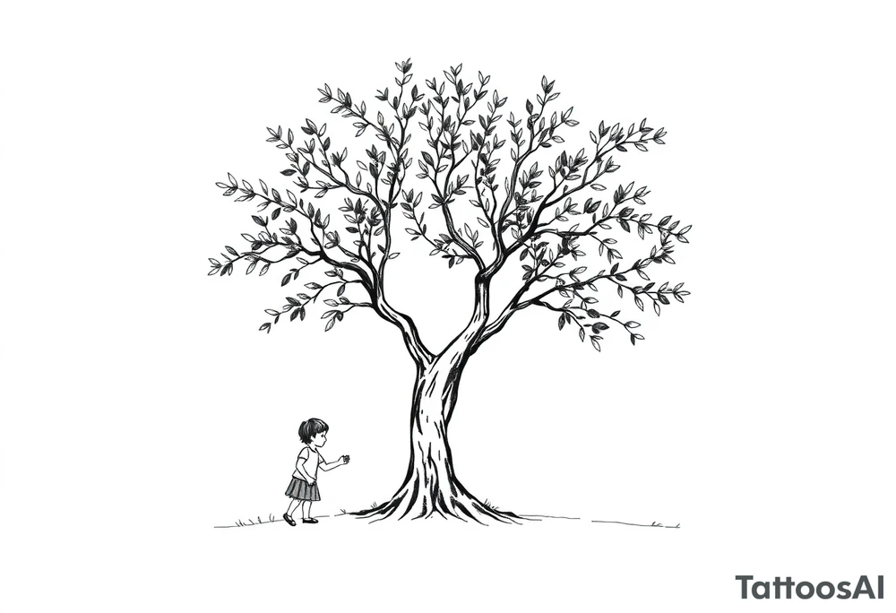 A big olive tree with a child and his parents picking it tattoo idea