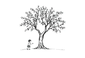 A big olive tree with a child and his parents picking it tattoo idea