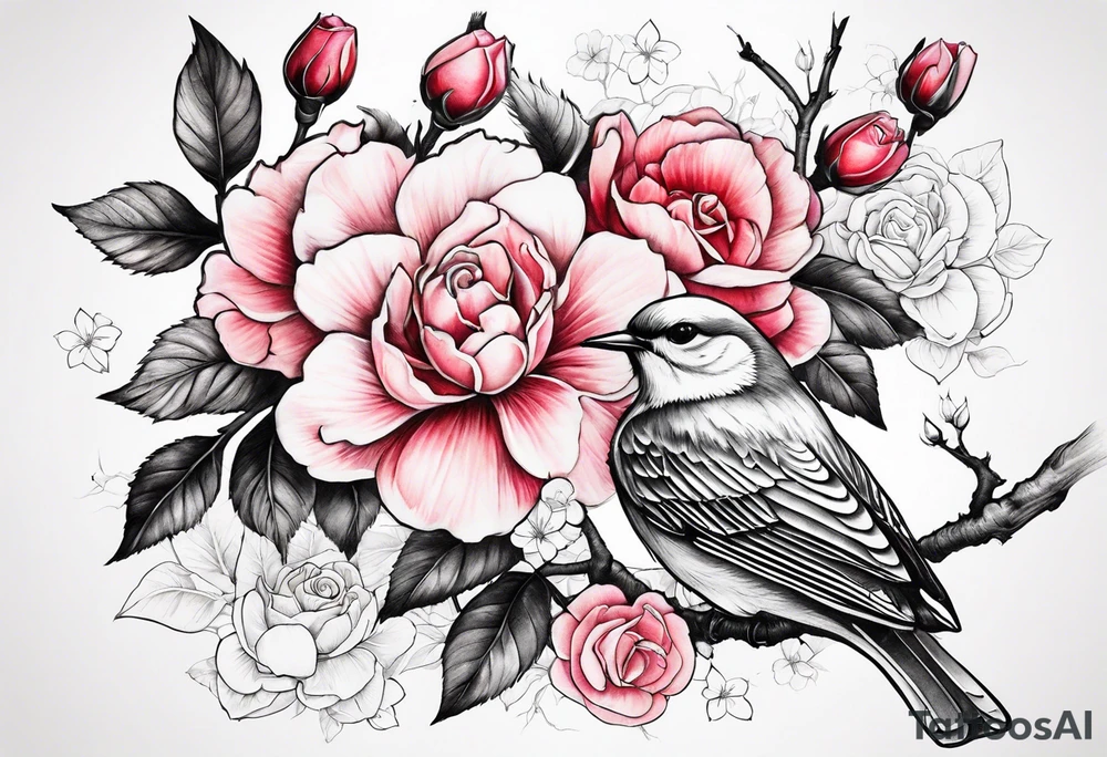Japanese cherry blossom with birds, butterflies and rose tattoo idea