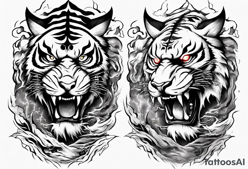 tiger warrior with lightning and the sun for a forearm sleeve tattoo idea