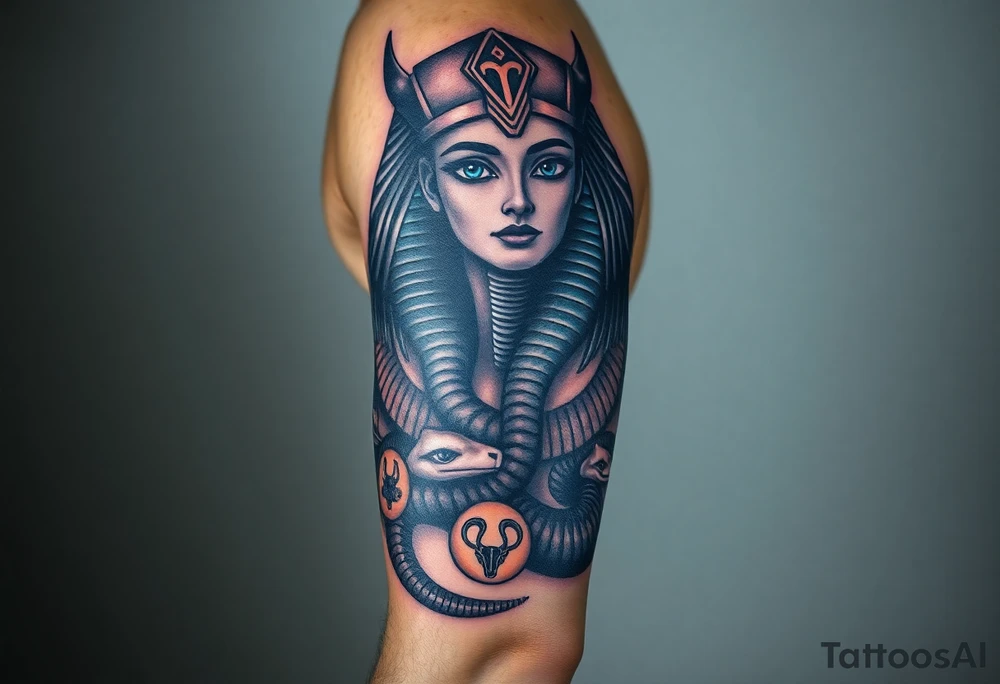 A DSLR photo of a full upper arm tattoo on a man's right arm, from neck to below the elbow. The tattoo shows the Egyptian goddess Renenutet with a serene and powerful female face, shaded with lifelike detail. Her eyes are vivid blue with white highlights. She wears a war crown (Mut or Isis style, with horns and a solar disk), and an ankh on the forehead. Her hair blends into a cobra hood that transitions into the serpent’s body wrapping around the entire arm. The cobra’s scales are deeply shaded black with white edge accents and subtle blue highlights on the back. The body coils protectively around the forearm, encircling three symbols: twin faces (Gemini), a lion’s head in relief (Leo), and a Capricorn with a horned goat and fish tail, each embedded in the snake’s body or stylized medallions. The tattoo glows slightly with white ink accents, giving it a vibrant, almost living presence. Photographed in soft studio lighting to highlight texture and shading, with visible skin grain and depth of ink. tattoo idea