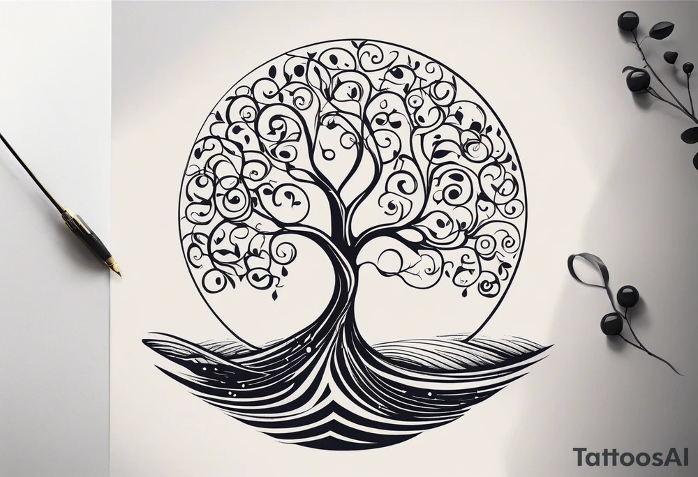 A tattoo design that incorporates the following elements: an abstract tree of life that has roots emerging  from the ground. Waves of water encapsulate the tree and wind around it in an organic way.  Incorporate music.   the letters U and A are overlapping and engraved into the tree. a golf ball incorporated but not prominent. tattoo idea