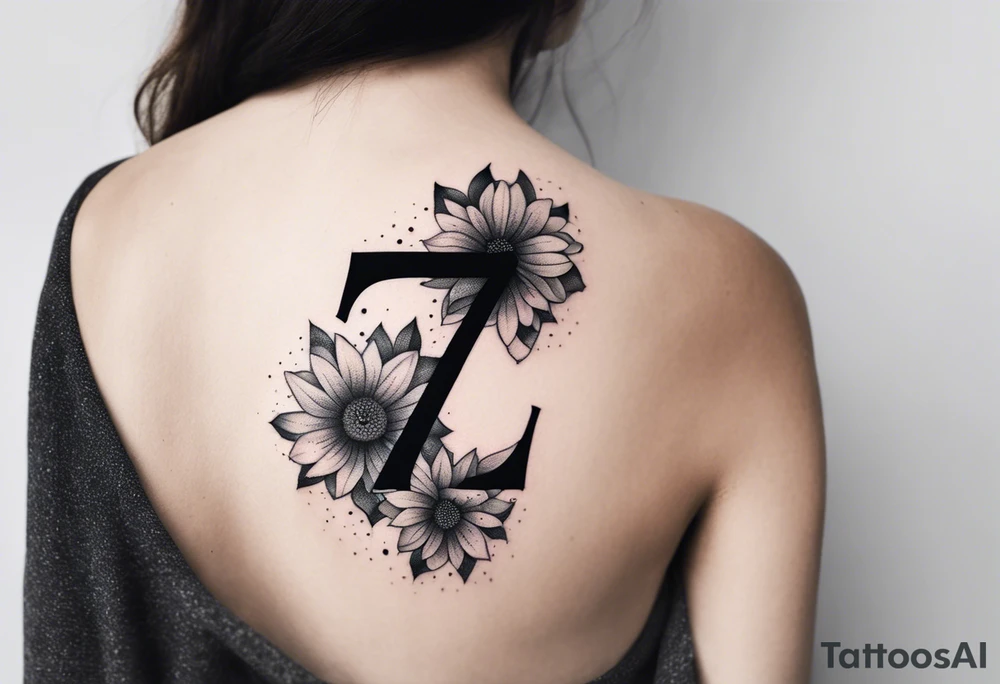 Shoulder tattoo of colorful flowers surrounding the number 7 tattoo idea