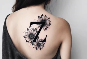 Shoulder tattoo of colorful flowers surrounding the number 7 tattoo idea