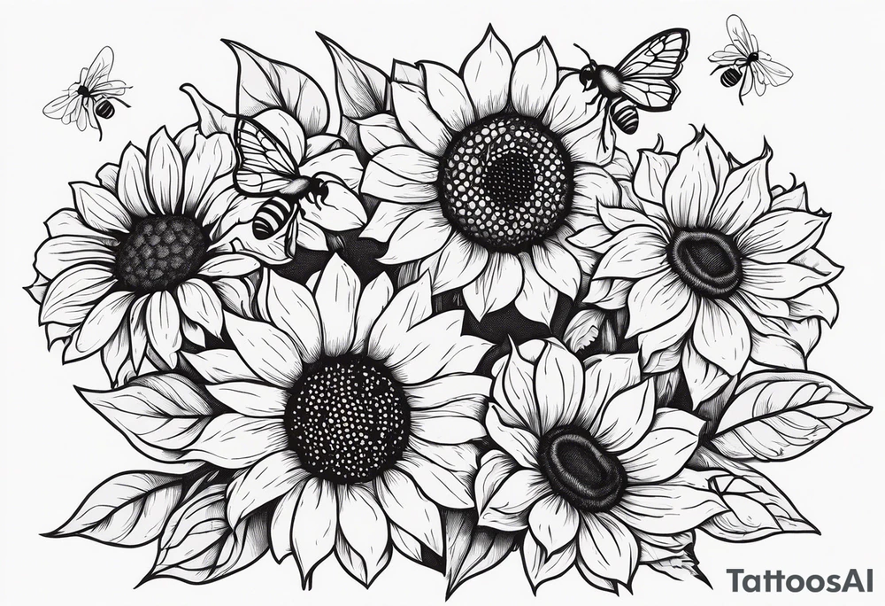 Sunflowers, bumblebees, honeycombs, sexy, elegant, vibrant tattoo idea