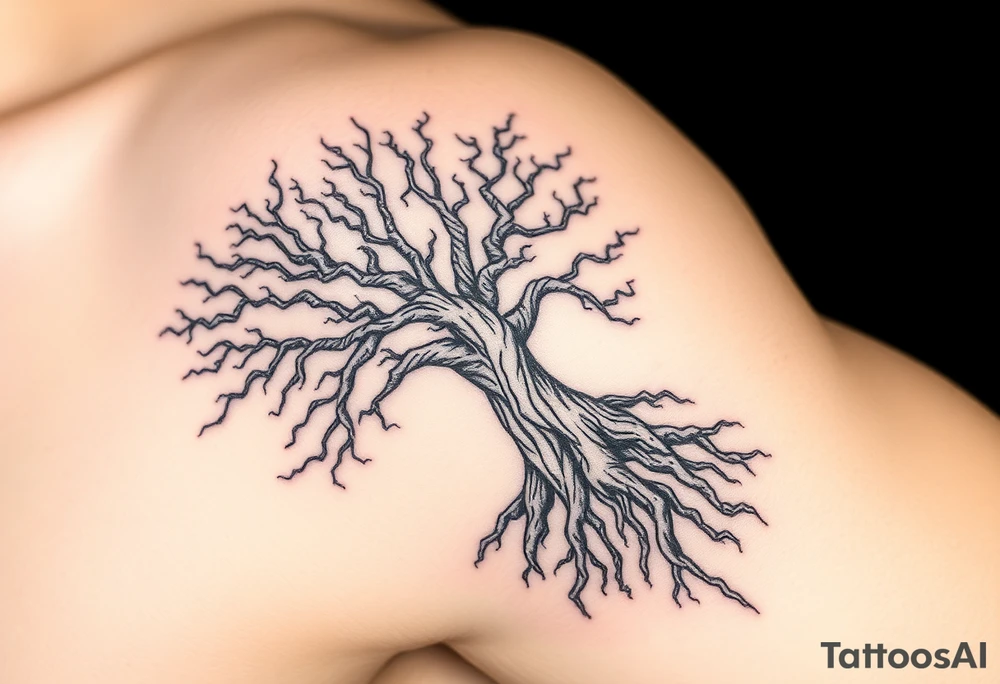 mystical tree of life with cosmic roots and celestial branches tattoo idea