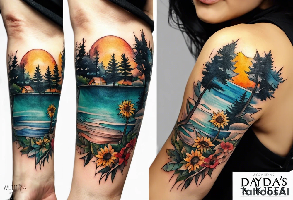 Small inside arm tattoo. Black kite (Daya's name), nature (trees/sea), small sunflower. tattoo idea