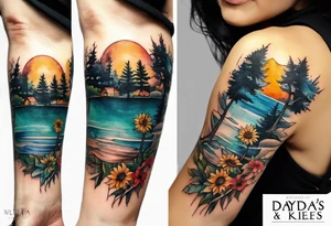 Small inside arm tattoo. Black kite (Daya's name), nature (trees/sea), small sunflower. tattoo idea