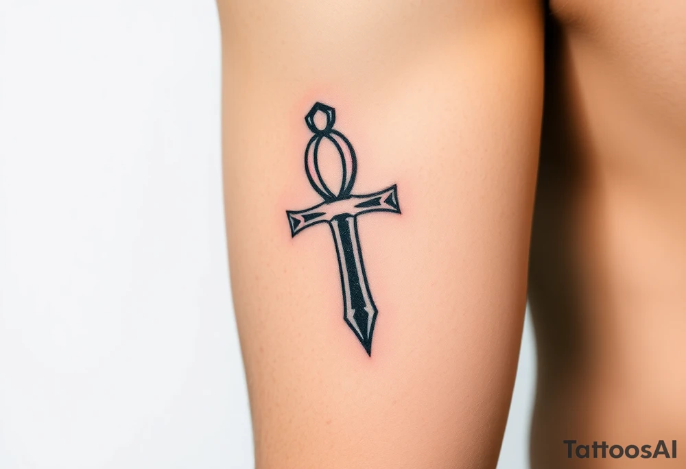 A Hand Holding an Ankh with a Name Written Inside(only red, blue and black are possible colors) tattoo idea