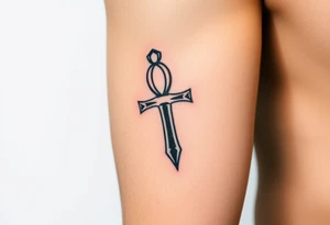 A Hand Holding an Ankh with a Name Written Inside(only red, blue and black are possible colors) tattoo idea