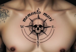 A muted sepia compass pointing to a skull instead of north, with "memento mori" curving around the outer ring. tattoo idea